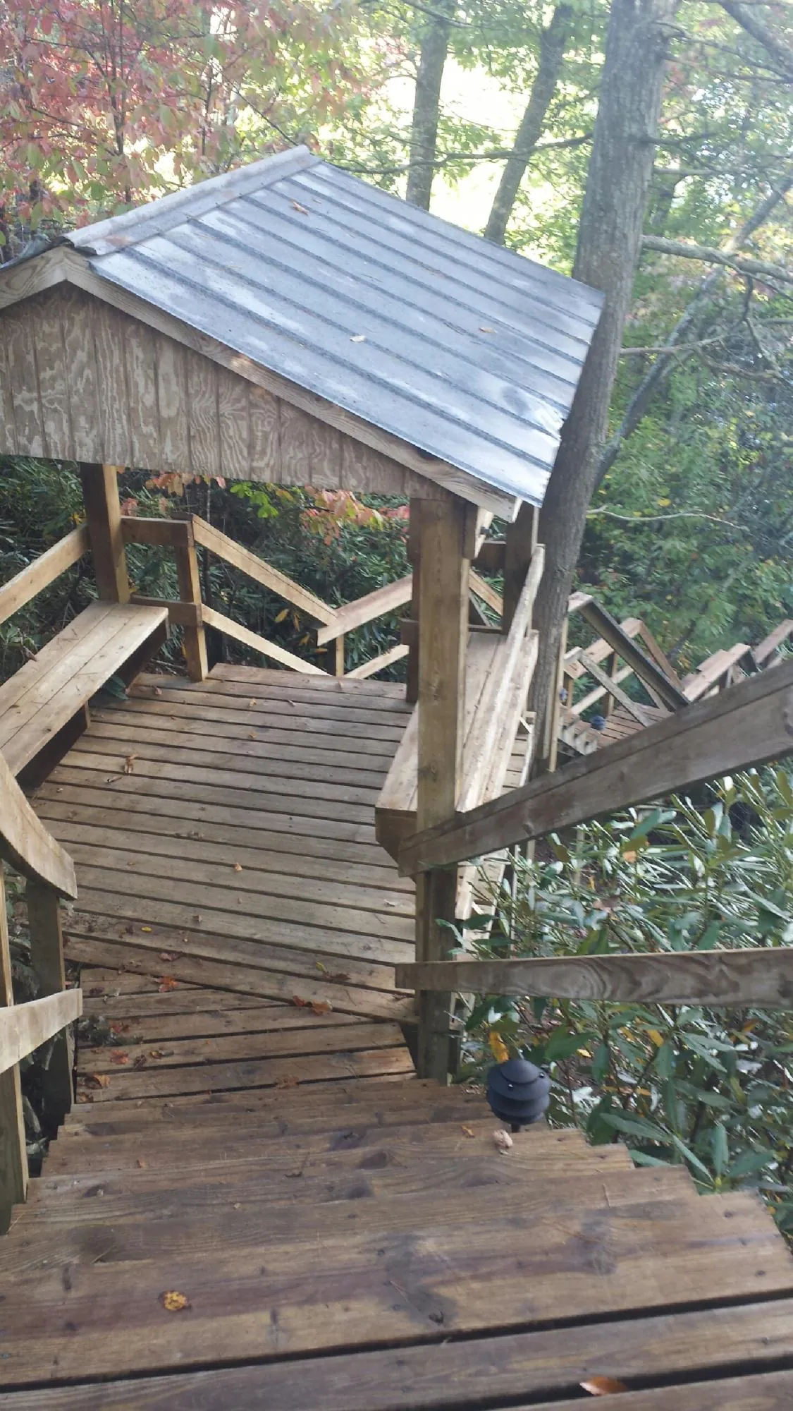 Metal roofed shelter over wooden steps on a wooded walkway — Skylight Repair & Installation work by our crew in Kyle